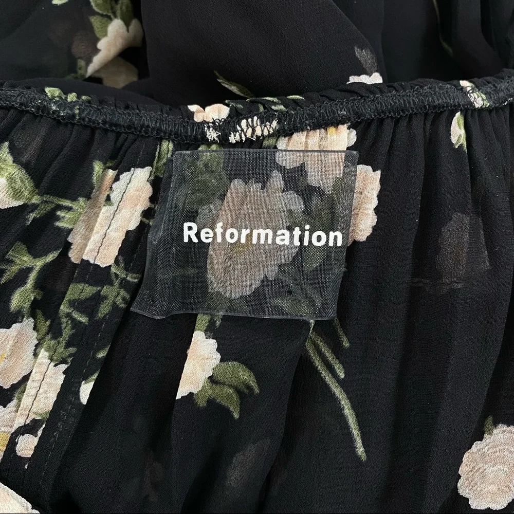 Reformation Inez Black Floral Off the Shoulder Midi Dress in Contessa Size 4 - Picture 7 of 10